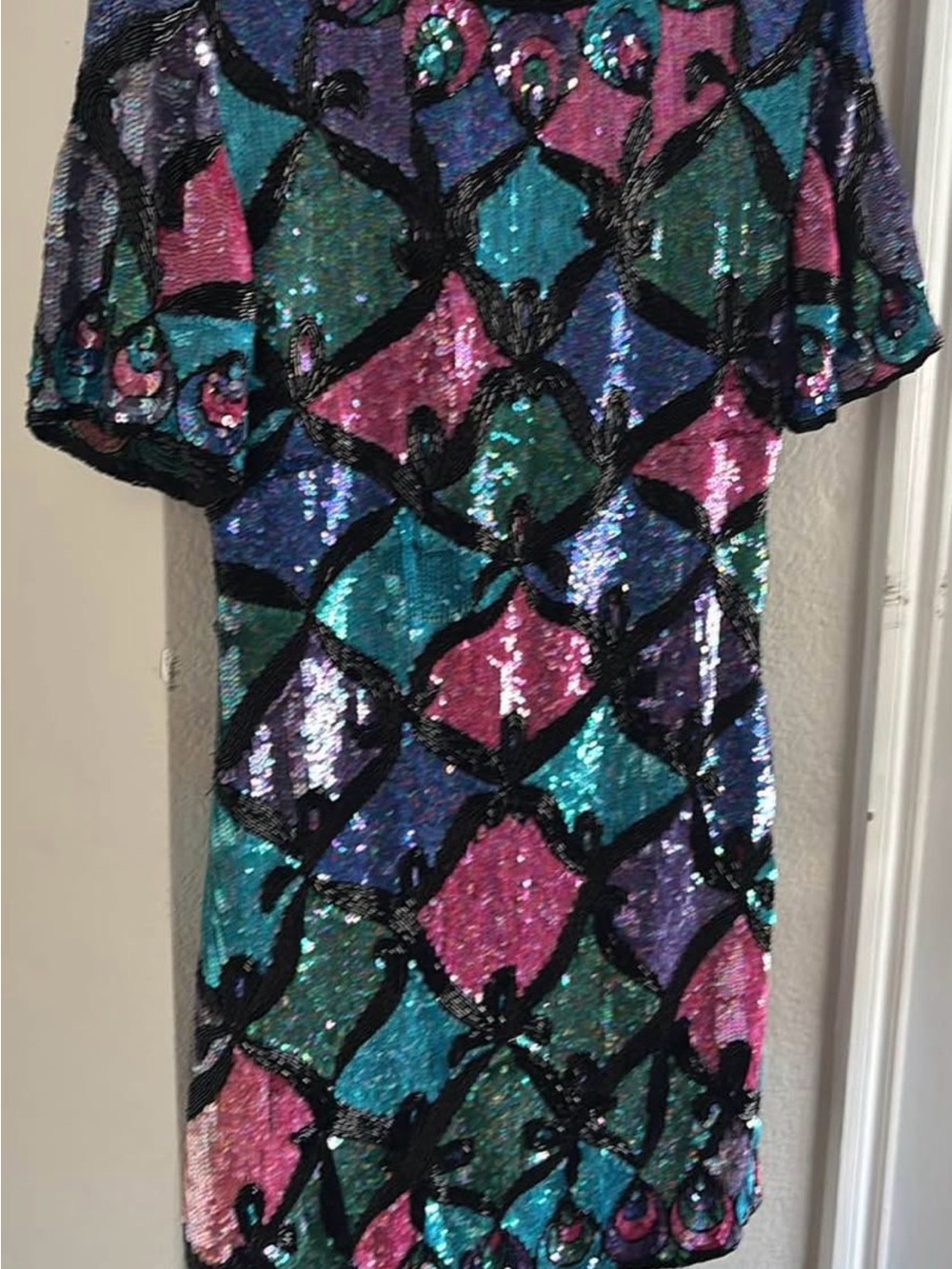 Vintage Multicolor Sequin Midi Dress - Teal, Pink, Purple, Blue, Black - Picture 3 of 4